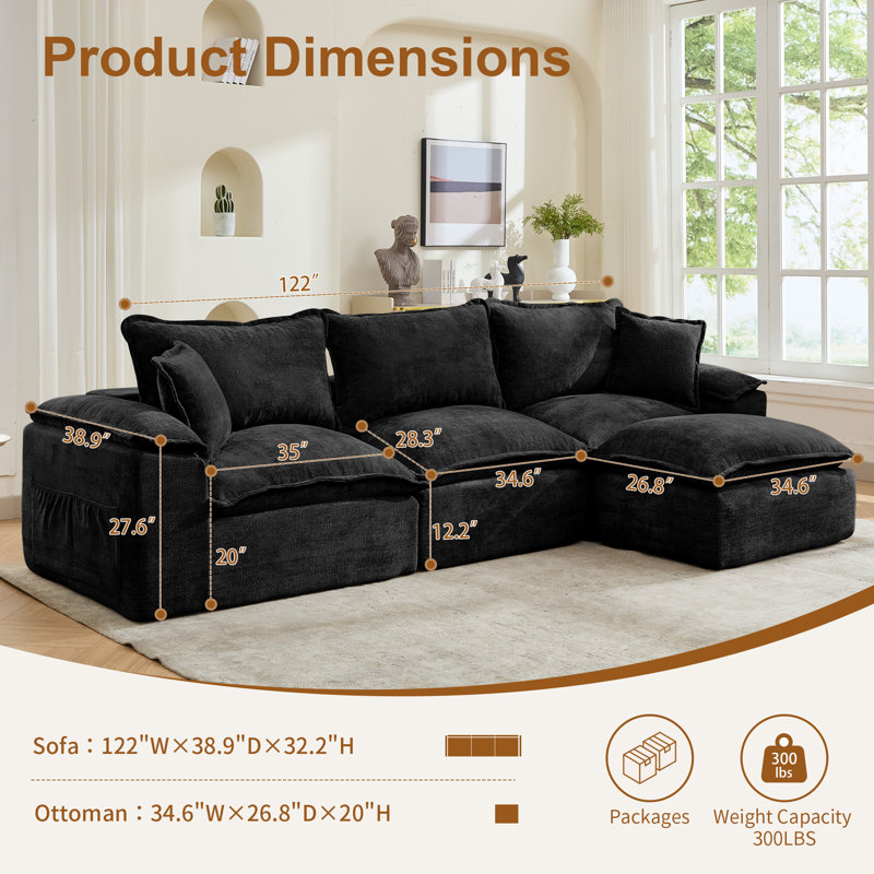 Canapés modulaires, canapé modulaire désossé avec siège profond et coussin moelleux, canapé modulaire confortable avec repose-pieds convertible, aucun assemblage requis