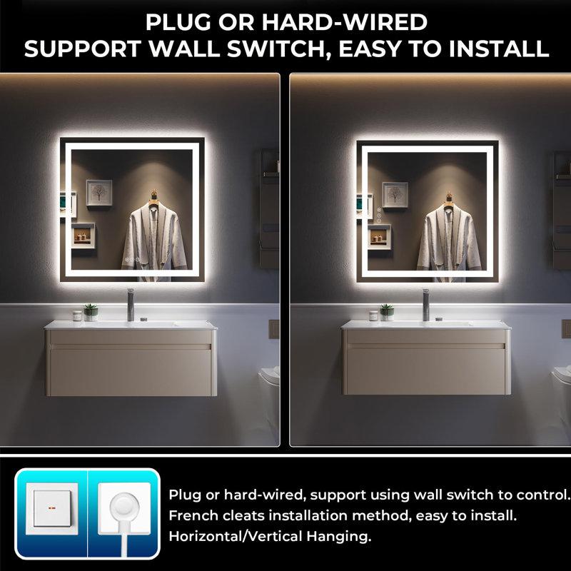Akilan Frameless LED Vanity Mirror with Front-lit and Back-lit, Memory Function, 3 Color Temperatures & Dimmable Light, Anti-fog Tempered Glass ETL Mirror