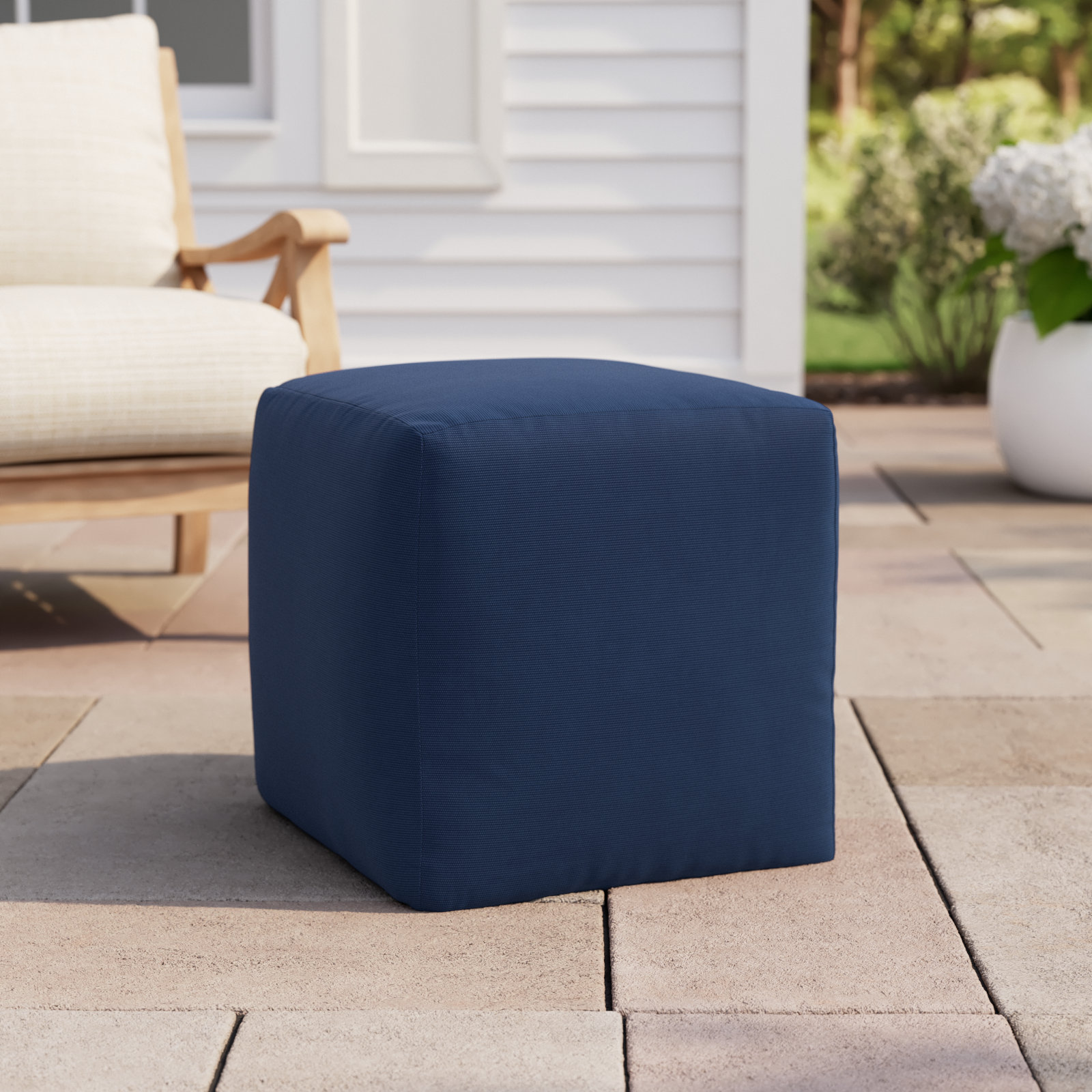 Upholstered Outdoor Ottoman, Canvas Navy