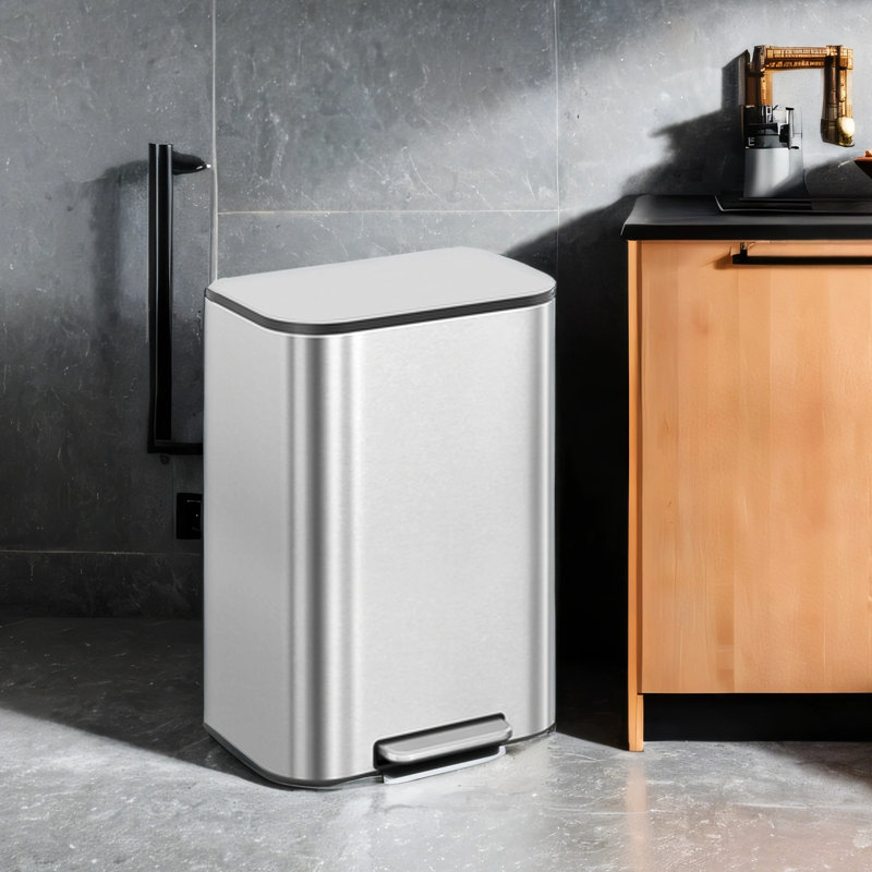 Poubelle de cuisine, poubelle de 13 gallons avec couvercle à fermeture en douceur, acier inoxydable, restes ouverts, seau intérieur, pédale large