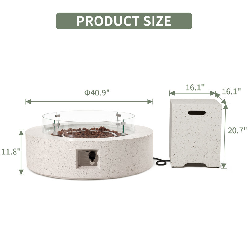 Kinzie Round Concrete Propane Smokeless Fire Pit Table, Terrazzo White