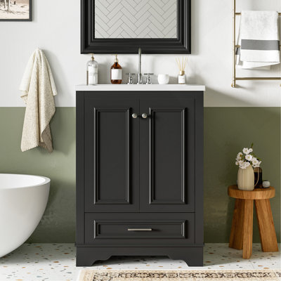 24"Bathroom Vanity With Ceramic Sink Combo, Modern Freestanding Storage Cabinet  With Silver Handles,  Soft Closing Doors