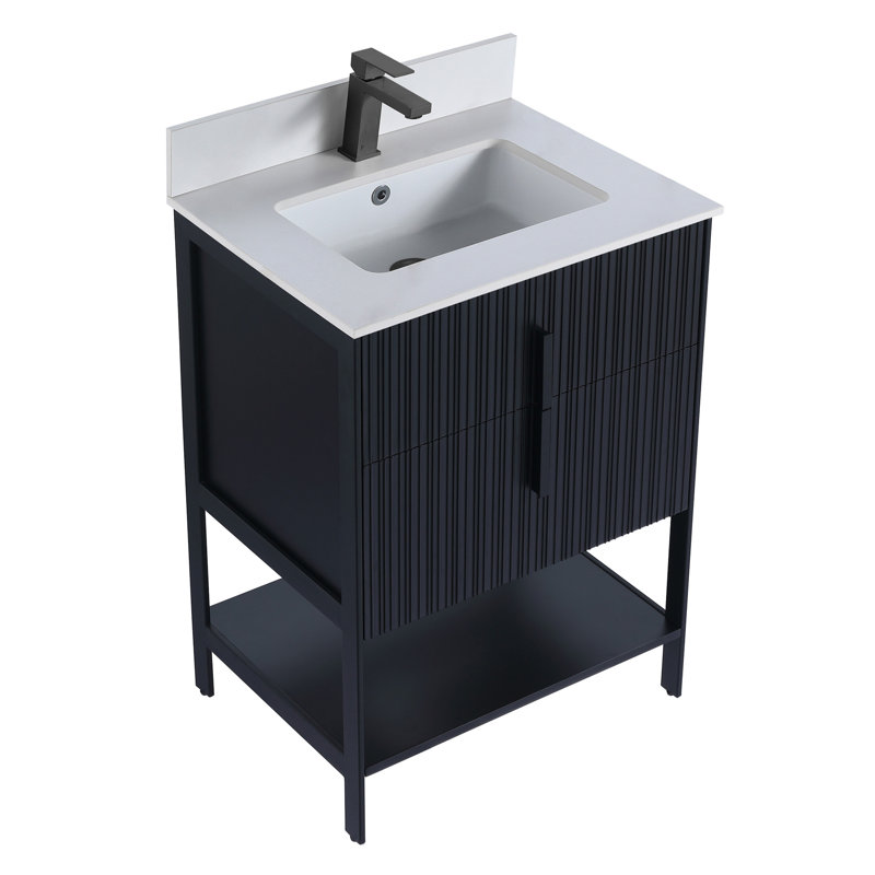 Meuble-lavabo moderne avec plateau en pierre Serenity, 24", Pierre artificielle blanche, Noir mat / noir