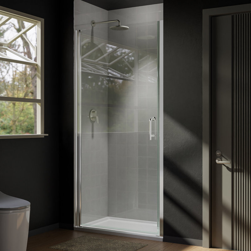 36 po Jusqu'à 37 3/8 po X 72 po, porte de douche pivotante semi-sans cadre en chrome avec verre transparent