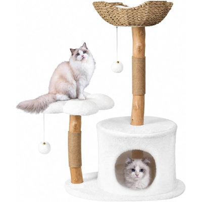 Arbre à chat, tour d'arbre à chat en bois pour grands chats, condo pour chat de luxe avec poteaux à griffer et plateformes à fleurs, mobilier pour chat, blanc
