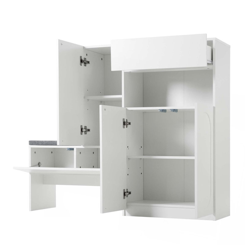 Élégant range-chaussures 2 en 1 avec coussin moelleux, banc de rangement moderne avec portes arquées et dispositifs de rebond, range-chaussures polyvalent avec tablettes réglables pour le couloir et le salon