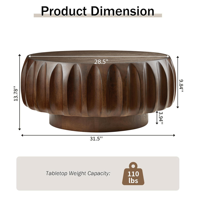 Khadim 31.5" Round Drum Coffee Table, Dark Brown Wood