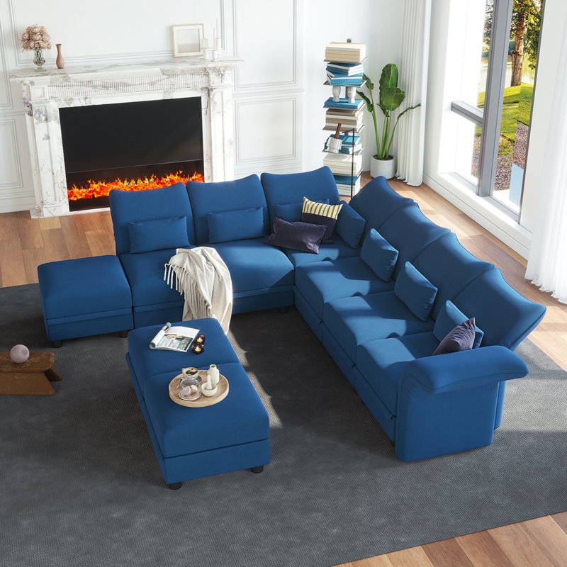 Ahren Velvet Reclining L-Shaped Sectional Reversible, Blue Velvet