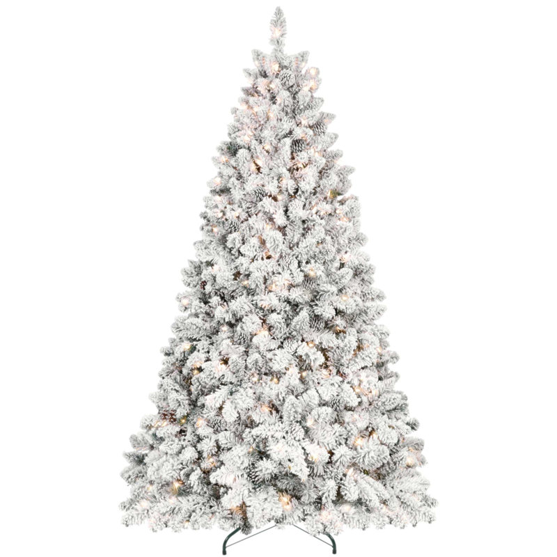 Arbre de Noël enneigé 5 pi avec 300 lumières UL et 27 pommes de pin naturelles, structure articulée et support en métal stable