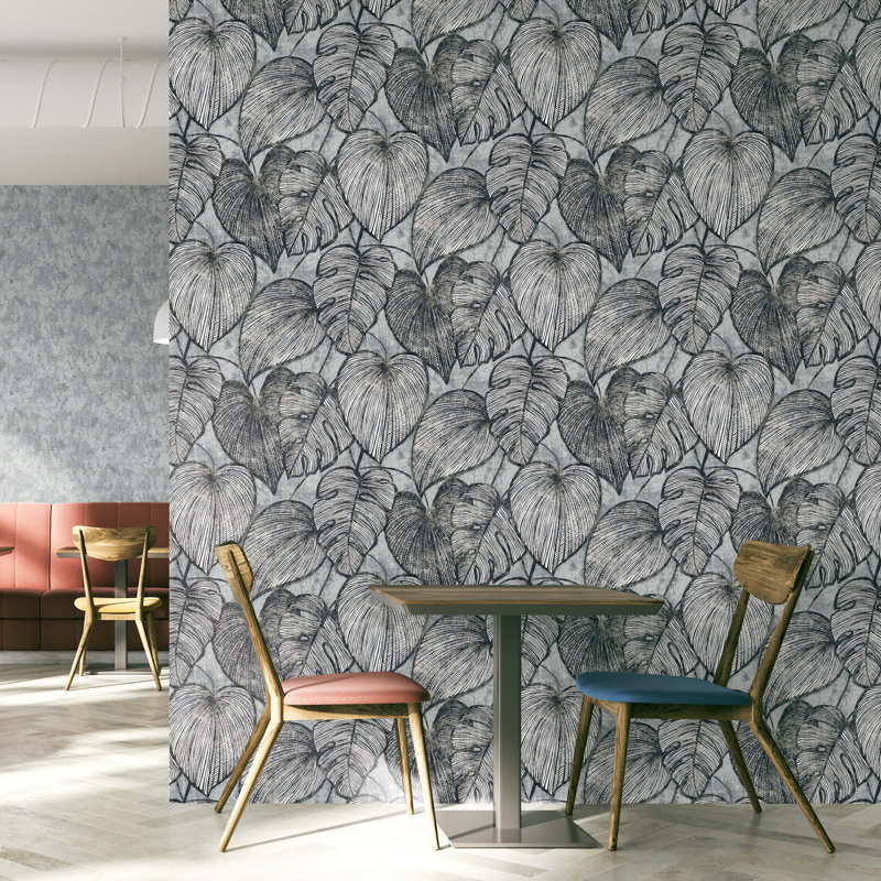 Julie Feels Home Collection Glitter/Shimmer Large Monstera Leaf Wallpaper Roll, Black Mid Lead