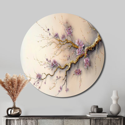 Pink And Plum Cherry Blossom Branch V - Landscapes Round Metal Art
