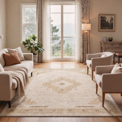 Tapis beige à motif géométrique moderne antidérapant lavable à poils courts