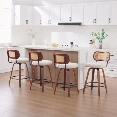 Swivel Bar Stools Set Of 3, 26" Counter Height Barstools With Cane Rattan Back & Bentwood Legs, Linen Upholstered Mid-century Modern Kitchen Island Chairs