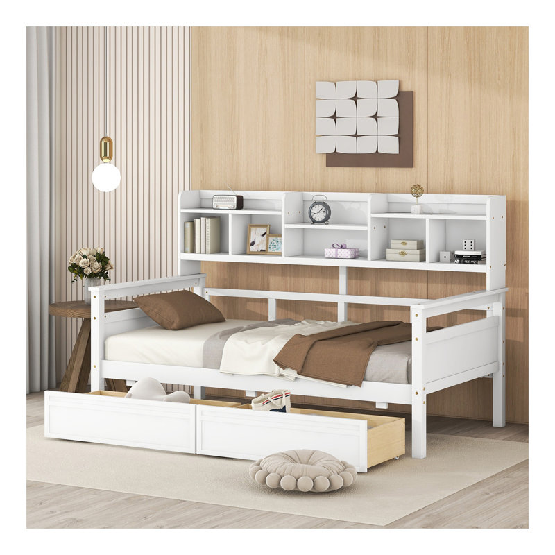 Lit de jour simple, support en lattes de bois, avec tablettes de chevet et deux tiroirs, blanc, Lit simple, Blanc
