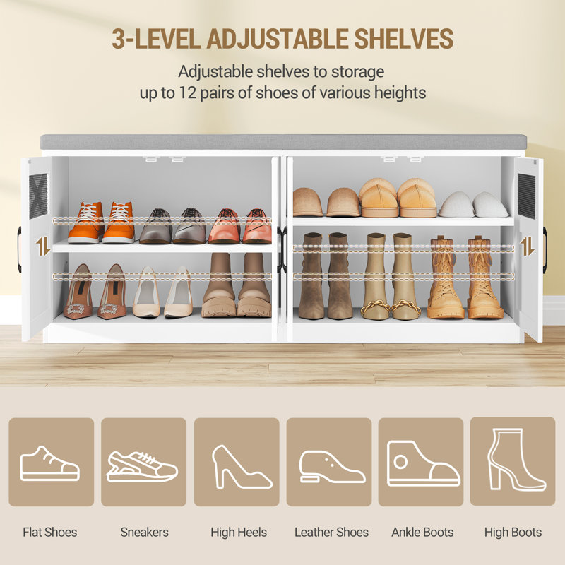 120cm Shoe Storage Bench with 4 Barn Doors & Padded Seat Cushion, 2-Tier Farmhouse Shoe Bench with Adjustable Shelves, Entryway Bench for Bed end bench, Living Room