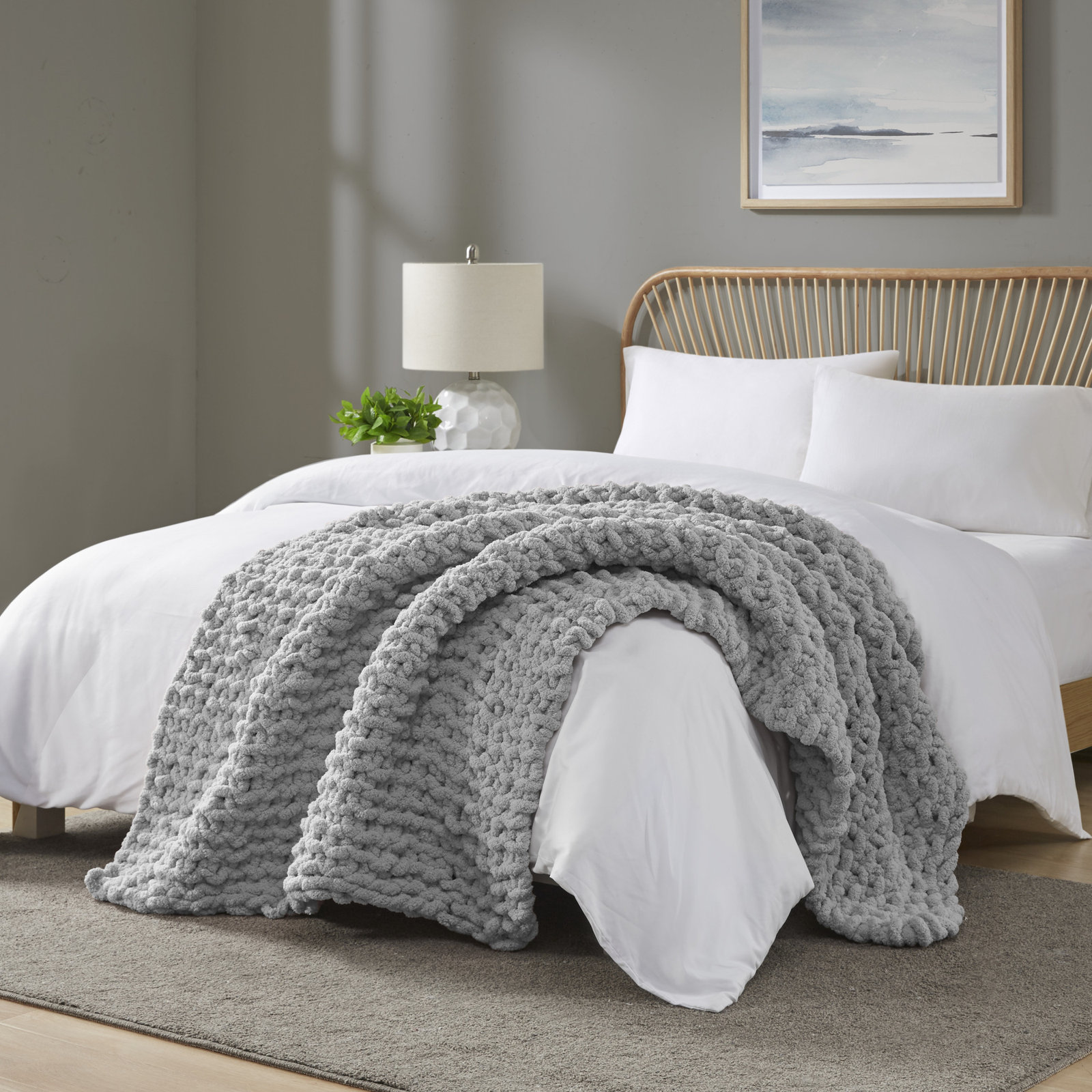 Chenille Chunky Knit Throw Blanket, Gray