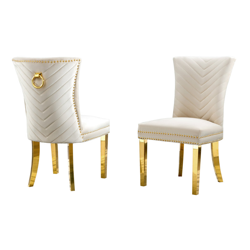 19'' H Velvet Upholstered Metal Side Chair, Cream, Gold