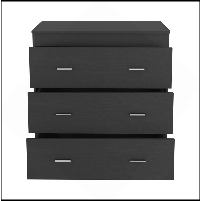 Commode à trois tiroirs, poignées en métal, finition wengé noir