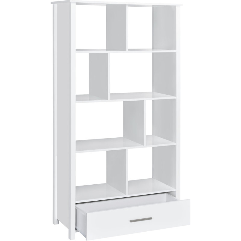 Étagère à 4 tablettes blanche ultrabrillante pour livres avec verre courbé et compartiment inférieur, zones de vie principales convenables comme paravent, tiroir de rangement supérieur de bibliothèque de 35,5 pouces de largeur, paravent utilisé