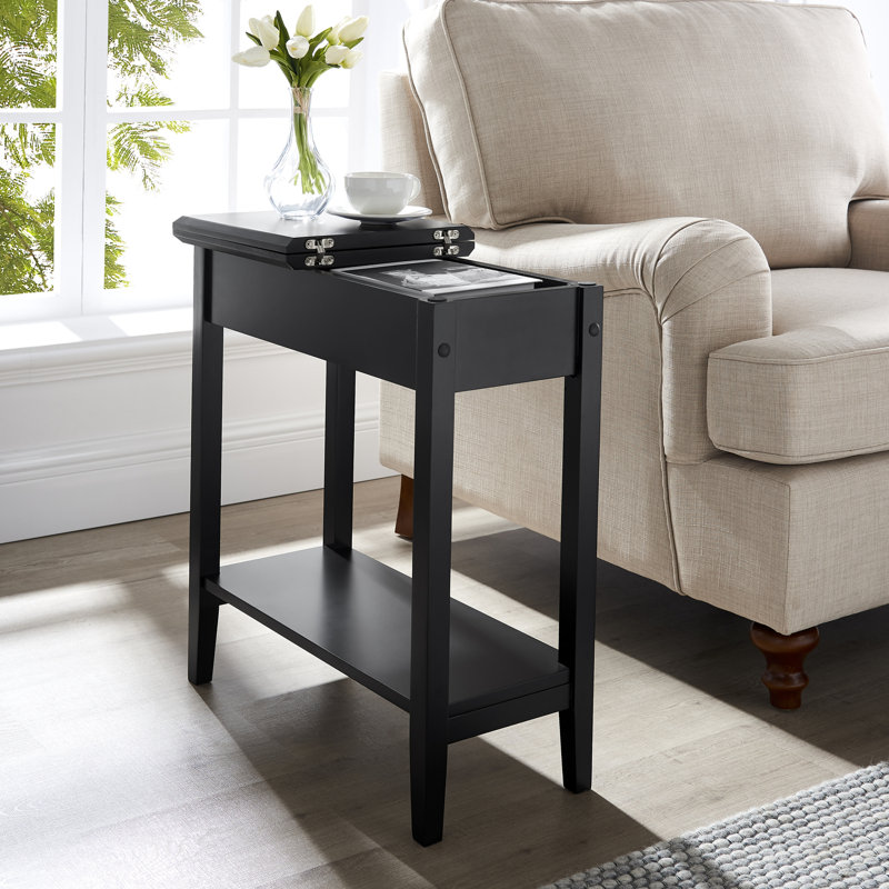 Thasnim Slim Storage End Table with Flip Top Compartment & Open Shelf, Narrow Side Table for Small Spaces, Modern Nightstand for Bedroom, Living Room, Entryway – Compact Space Organizer