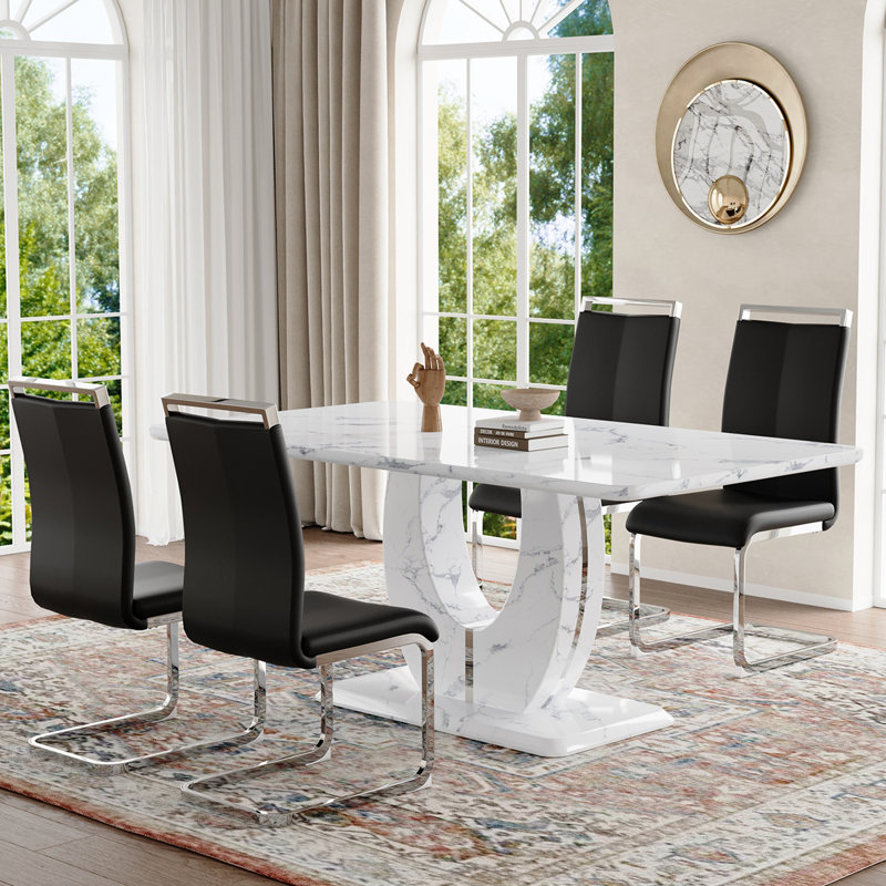 Ensemble de table de salle à manger, Noir / argent, Marbre blanc, 5 pièces