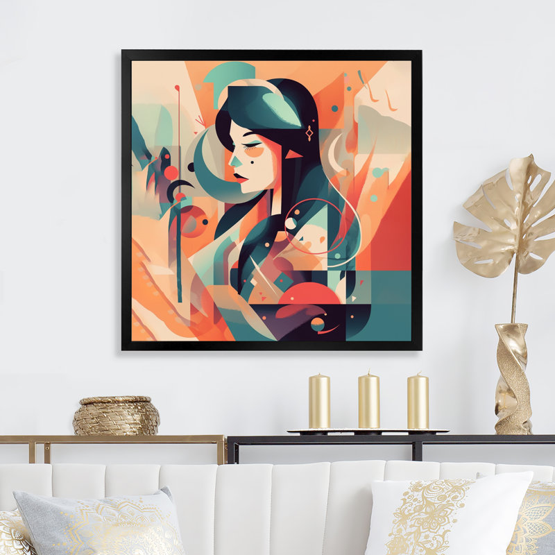 Art féminin, Portrait d'art déco III sur toile, Cadre photo noir, H 36 po x l 36 po x P 1,5 po