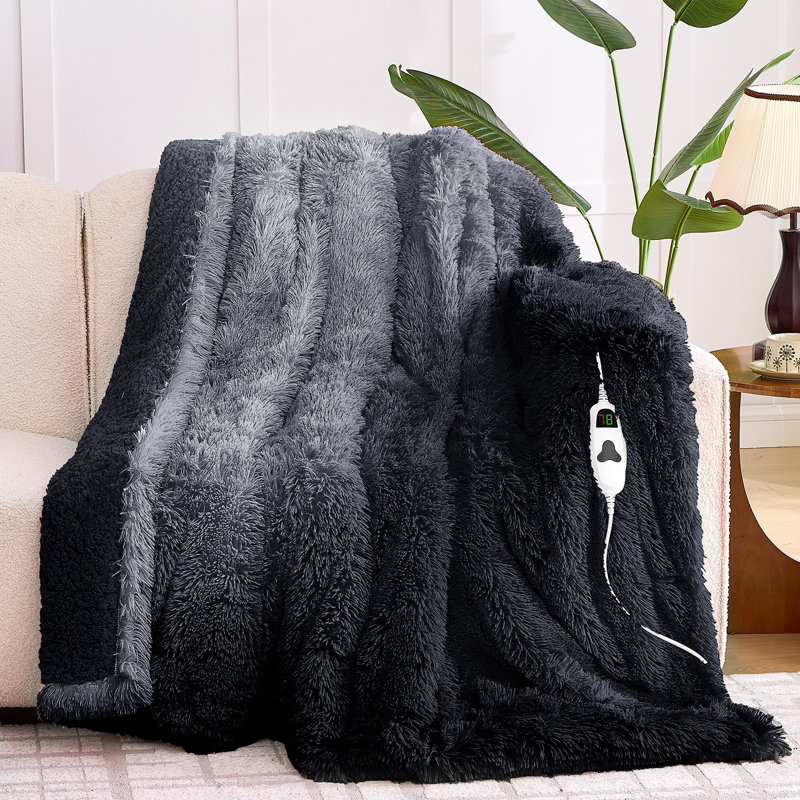 Jeté chauffant en molleton chauffant avec dossier en sherpa pelucheux, Lit double, Noir