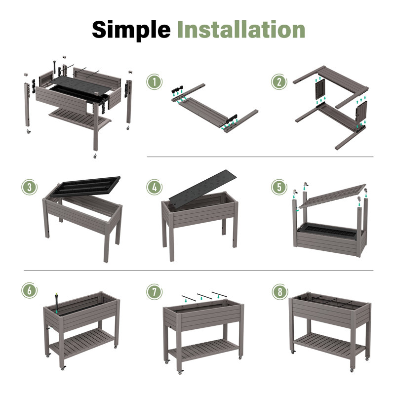 Raised Garden Bed - Outdoor Elevated Planter With Weatherproof Resin, Shelf & 4 Swivel Wheels, Gray