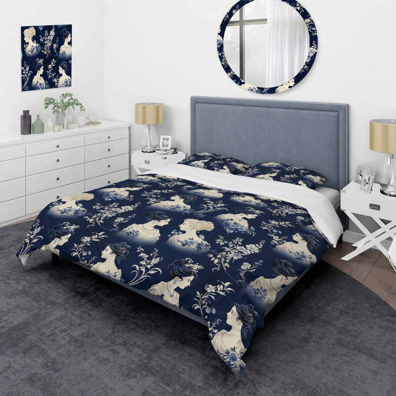 Ensemble de housse de couette Cobalt Blue Cameo Silhouettes, Housse de couette pour très grand lit et 2 très