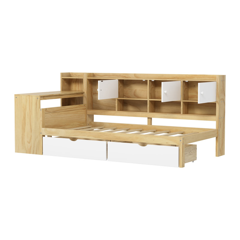 Lit de jour en L avec rangement naturel Natural + White, Lit simple, Naturel
