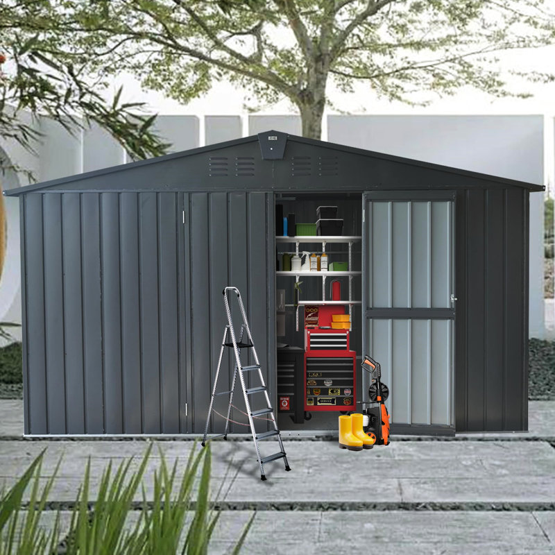 11'X 9' Dark Gray Shed, Galvanized Steel, Lockable Door, Ample Storage For Garden Tools & Bicycles, Weather- Outdoor Structure Shed 9', Gray, Steel Construction, Abundant Space Furniture, -