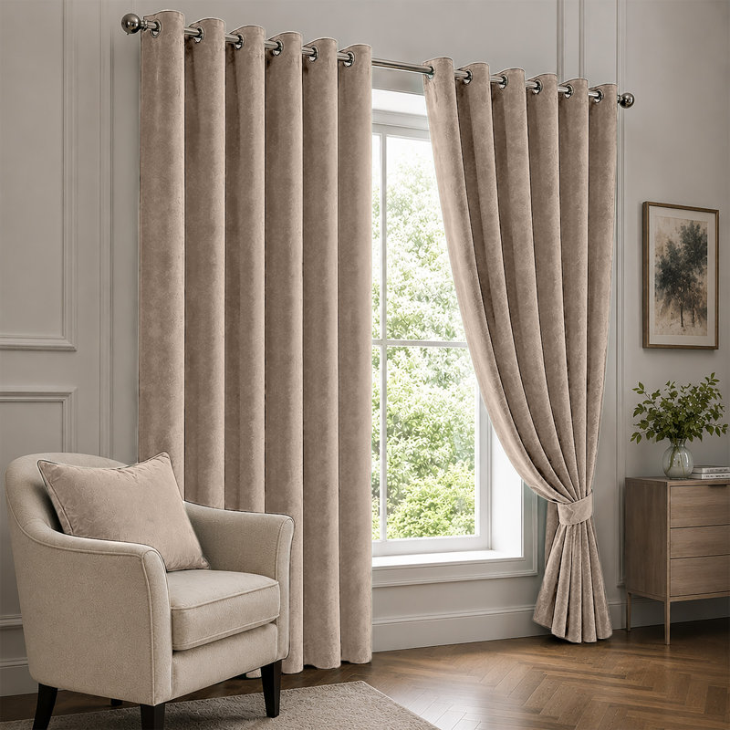 Beige Velvet Eyelet Curtains Room Darkening Window Panels Soft Touch Pair, 168 cm X 228 cm