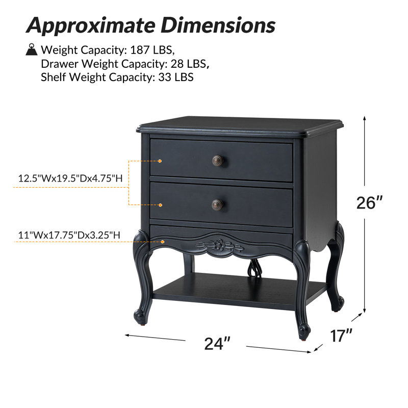 Evars 24” W Traditional 3-Drawer End Table With Hidden Drawer and Charging Station, Charcoal