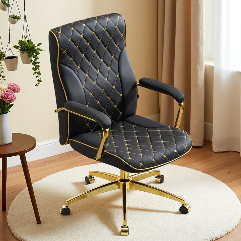 44.5'' H Mid-century Modern Faux Leather Ergonomic Executive Chair with Lumbar Support,Home Office Chair with Wheels, Black