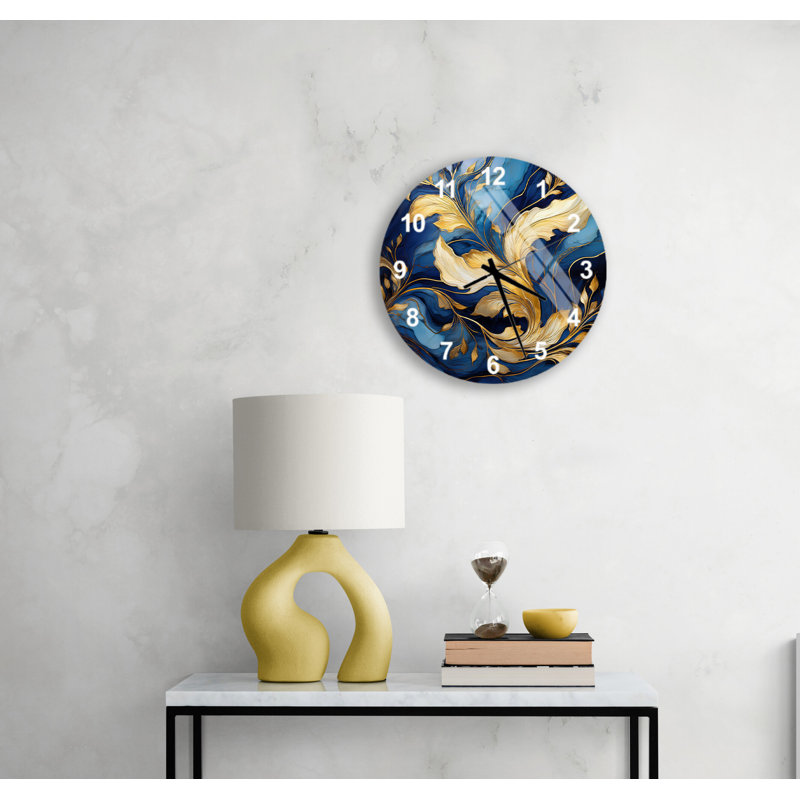 Horloge murale moderne en verre trempé et marbre bleu et doré, chiffres anglais noirs, Blanc