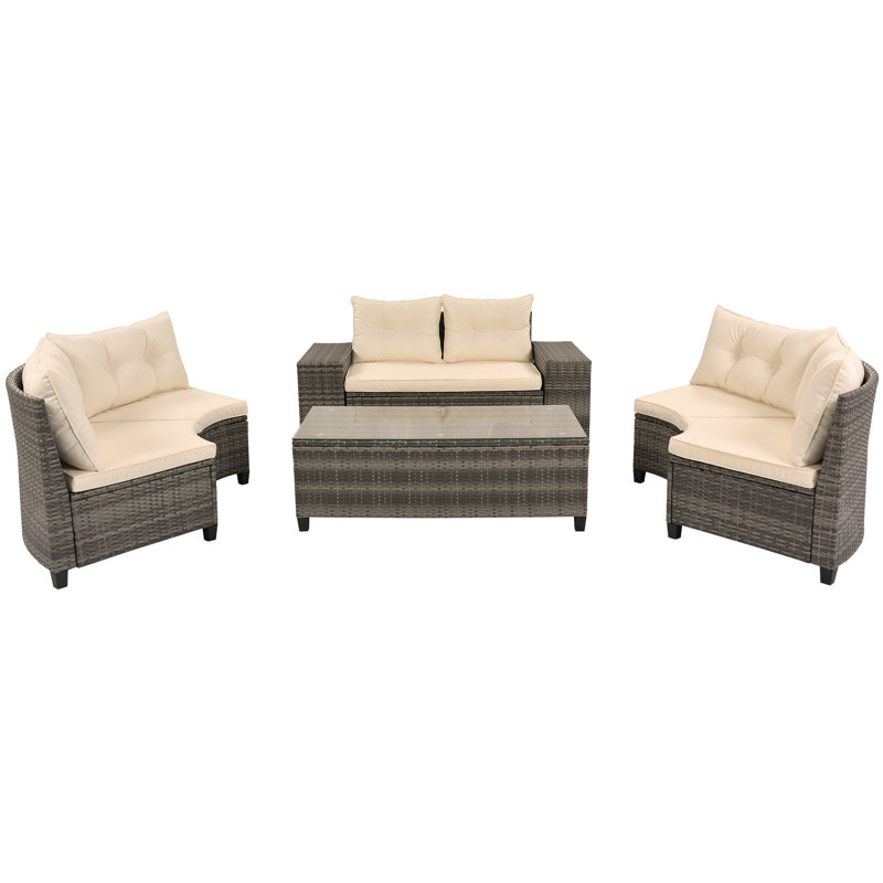 8-pieces Outdoor Wicker Round Sofa Set, Half-Moon Sectional Sets All Weather, Curved Sofa Set With Rectangular Coffee Table, PE Rattan Water-resistant and UV Protected, Movable Cushion
