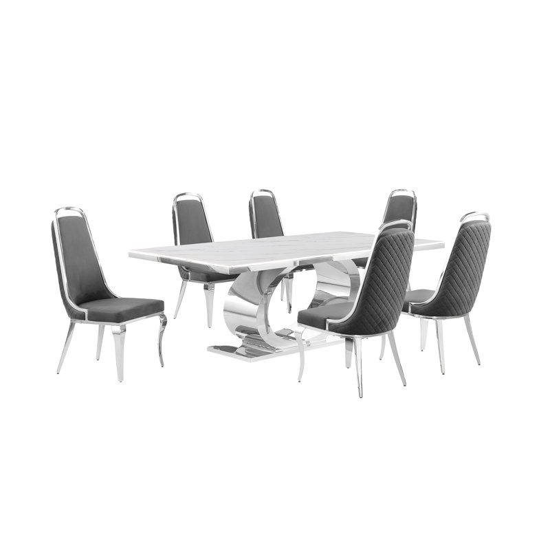 Bankston Marble Top Pedestal Dining Set, Gray/Silver, 7, Silver