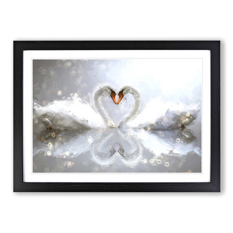 Swans Forming a Love Heart in Abstract - Picture Frame Graphic Art Print on MDF, 36cm H x 48cm W x 2cm D, Black Framed