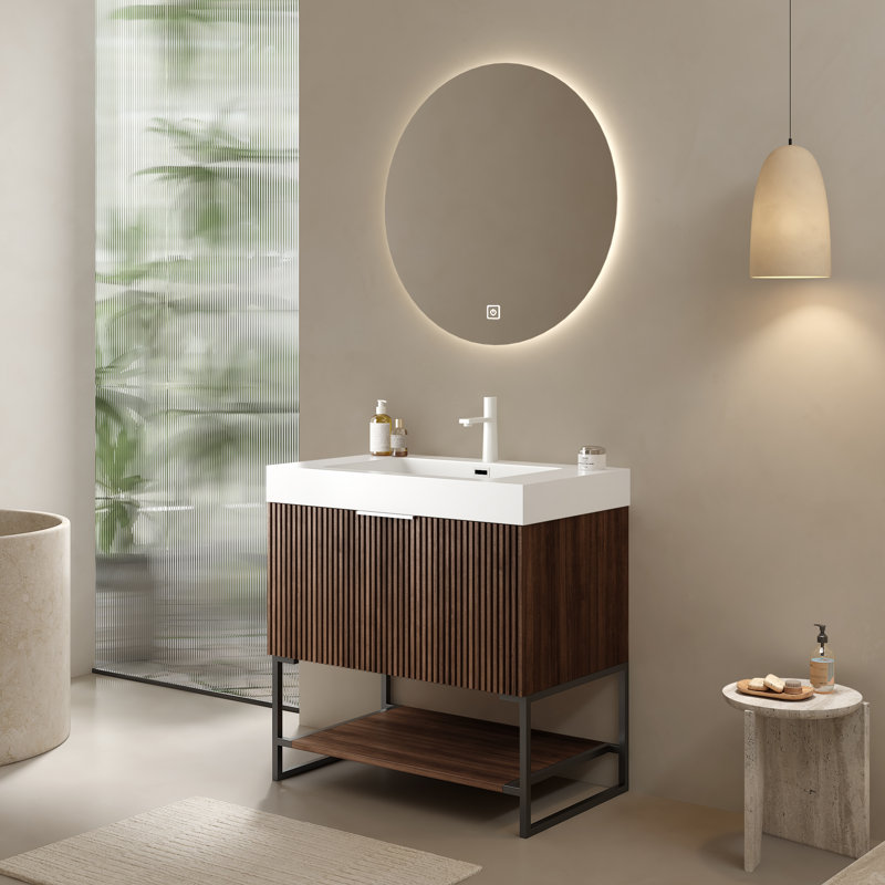 Meuble-lavabo à rayures 30 po avec lavabo encastré Yolan, armoire de rangement autoportante en contreplaqué à rayures avec tiroir et tablette ouverte, lavabo intégré blanc à surface solide rectangulaire sans robinet, pré-assemblé, noyer rétro