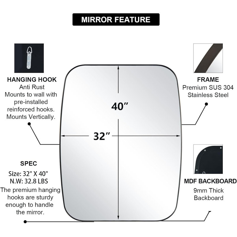 Miroir de salle de bain ovale moderne | Cadre en acier inoxydable, Or brossé, 40 po x 32 po