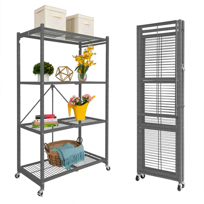 Origami 4 Tier Multipurpose Folding Storage Organizing Rack with Wheels, Black
