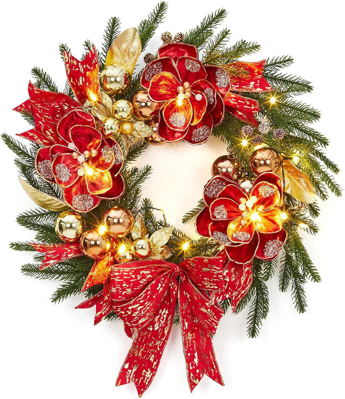Couronne de Noël pré-éclairée 24 "avec lumières DEL, arc rouge, baies et ornements