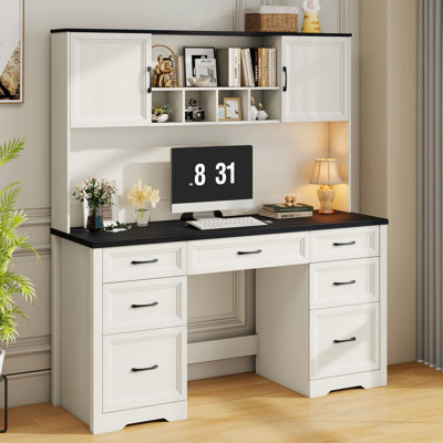 Farmhouse Executive Desk With 7 Drawers And Storage Cabinet