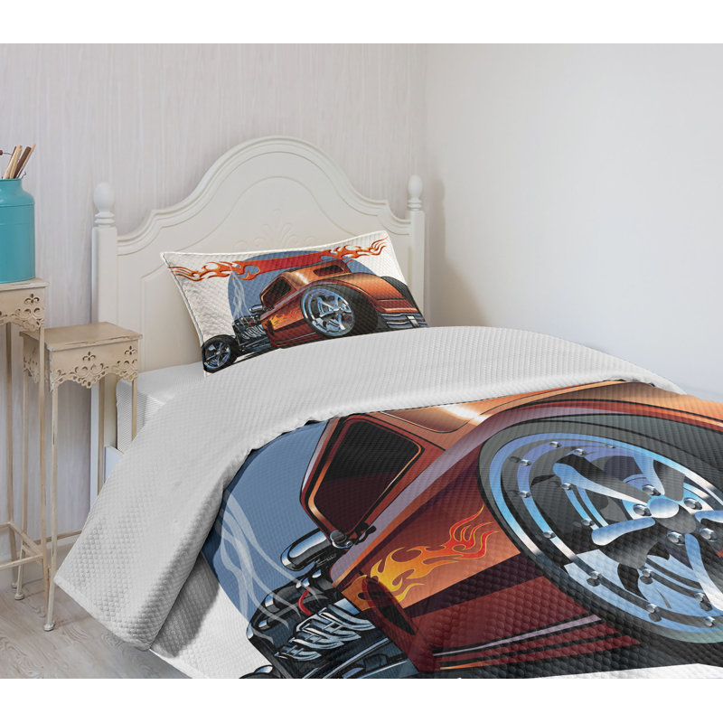 Twin White Polyester Hot Rod Car Bedspread Set