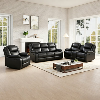 Kamarli 3 Piece Leather Manual Reclining Living Room Set with Pillow Top Armrest