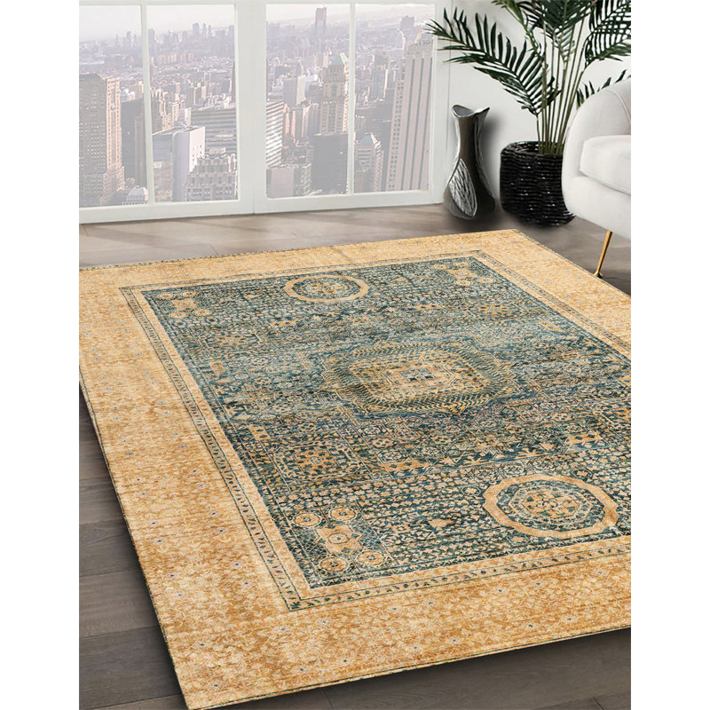 Tapis beige / bleu Southwestern, Rond 7 pi