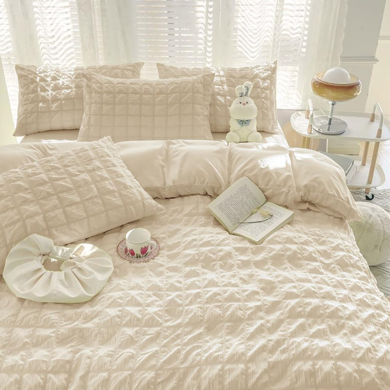 Checked Pattern Reversible Bedding Duvet Cover Solid Colour, Beige, King Duvet Cover + 2 Standard Pillowcases