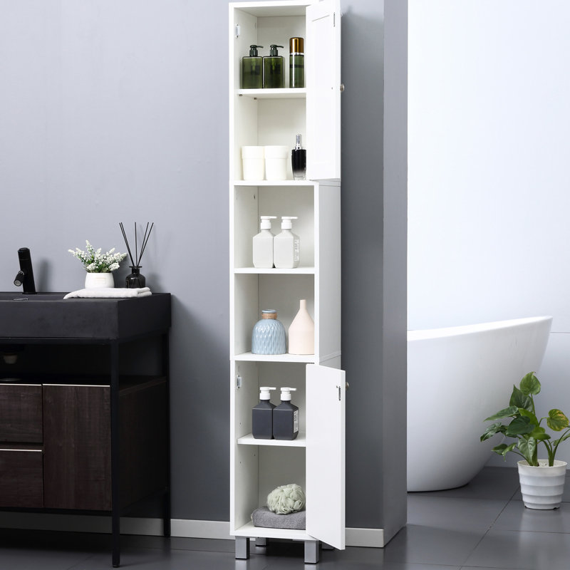 Tall Wooden Freestanding Bathroom Storage Cabinet With Adjustable Shelves And Mirrored Door For Modern Spaces