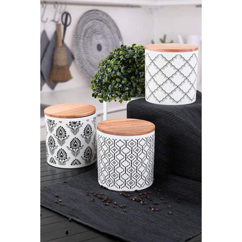 Elegant Ceramic Storage Box Set (6 Pieces) - 100% Ceramic Stoneware, Antibacterial & Environmentally Friendly | 4.7 x 4.7 x 3.9 inches (3 Boxes) with 4.7-inch Wooden Lids | Dishwasher & Microwave Safe, Stylish White & Black Design