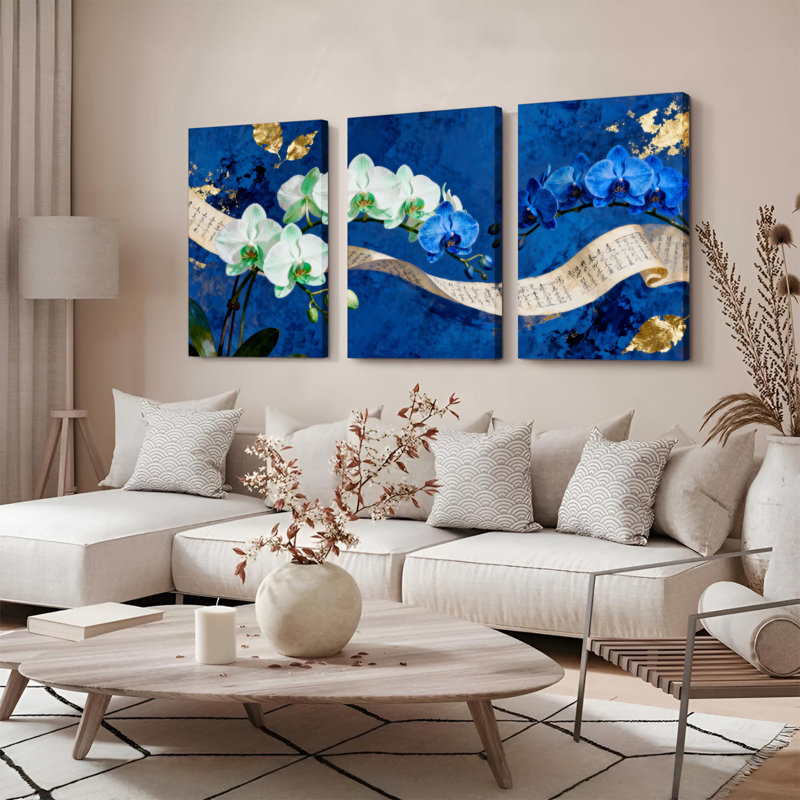 Orchidée à motif floral bleu doré sur toile tendue, ensemble de 3 décorations pour salon, H 18 po x l 36 po
